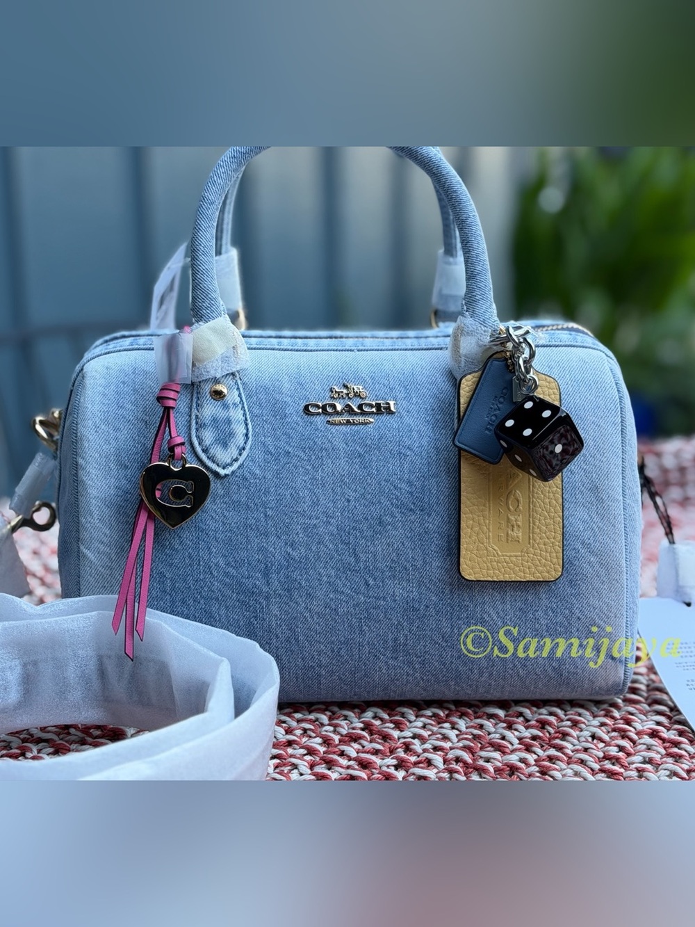 Coach Rowan Satchel Bag In Loved Denim With Charms. NWT.  CDY74. Medium size.